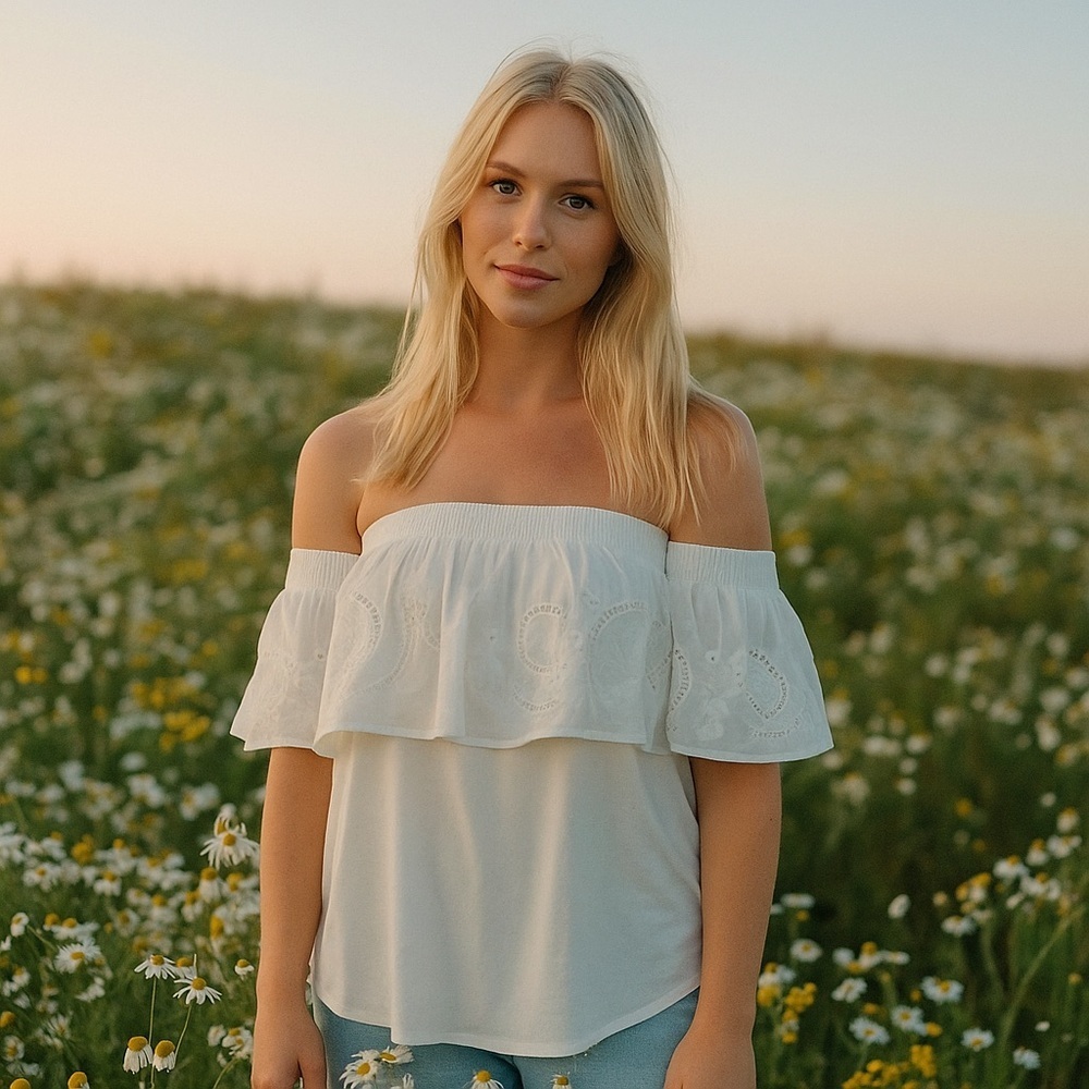 NEW A.N.A. White Floral Eyelet Off Shoulder Boho Festival Fairy‎ Top Size L